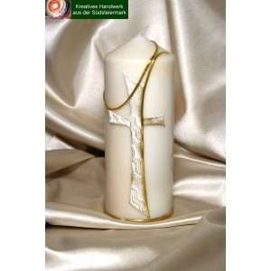 Kerze lt. Abbildung (ohneTeller) - lieferbereit  schlichte Kerze mit Kreuz cremefarbig  19 x 7 cm